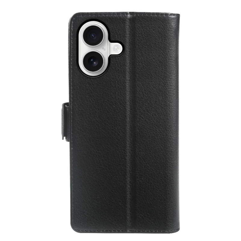 For iPhone 16 Wallet Case with Dual Magnetic Clasp Litchi Textured Leather Flip Stand Phone Cover - Black