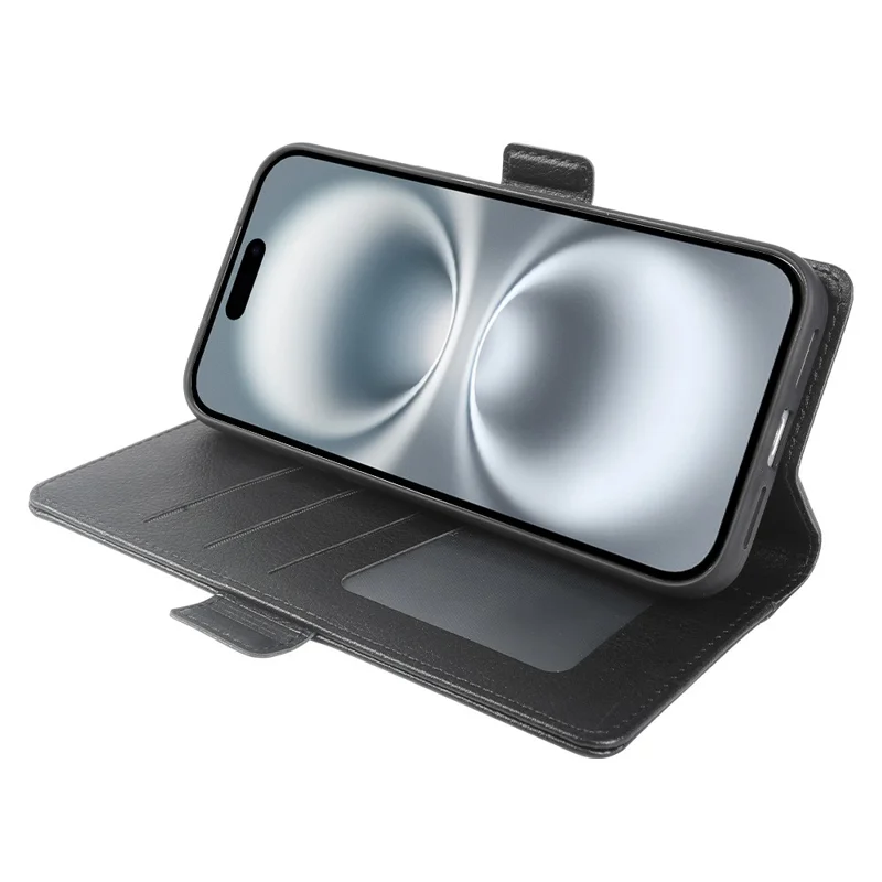 Cover portafoglio per iPhone 16 Plus con doppio gancio magnetico, custodia pieghevole in pelle testurizzata effetto litchi - Nero