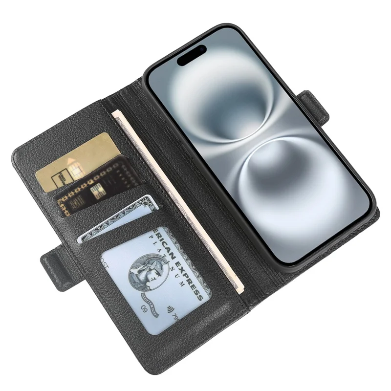 Cover portafoglio per iPhone 16 Plus con doppio gancio magnetico, custodia pieghevole in pelle testurizzata effetto litchi - Nero