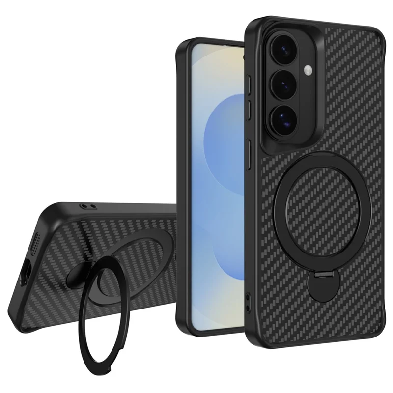 For Samsung Galaxy S26 Phone Case with Magnetic Kickstand TPU + PC Carbon Fiber Back Cover - Black