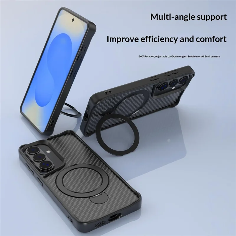 For Samsung Galaxy S26 Phone Case with Magnetic Kickstand TPU + PC Carbon Fiber Back Cover - Black