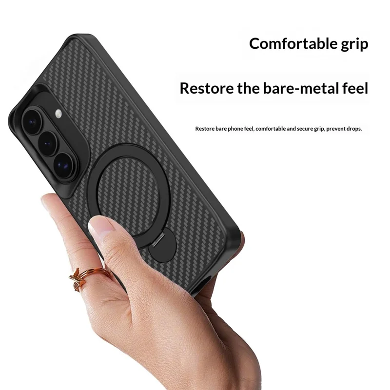 For Samsung Galaxy S26 Phone Case with Magnetic Kickstand TPU + PC Carbon Fiber Back Cover - Black