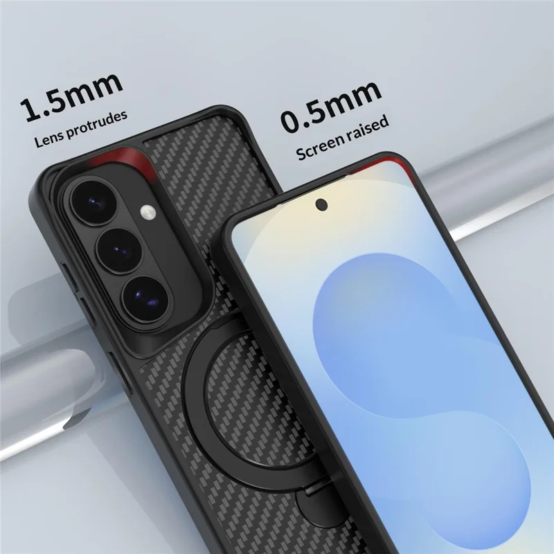 For Samsung Galaxy S26 Phone Case with Magnetic Kickstand TPU + PC Carbon Fiber Back Cover - Black