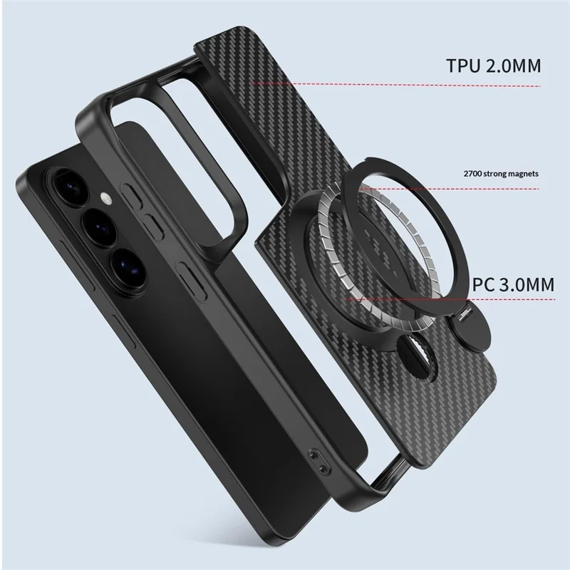 For Samsung Galaxy A55 5G Phone Case with Magnetic Kickstand TPU + PC Carbon Fiber Back Cover - Black