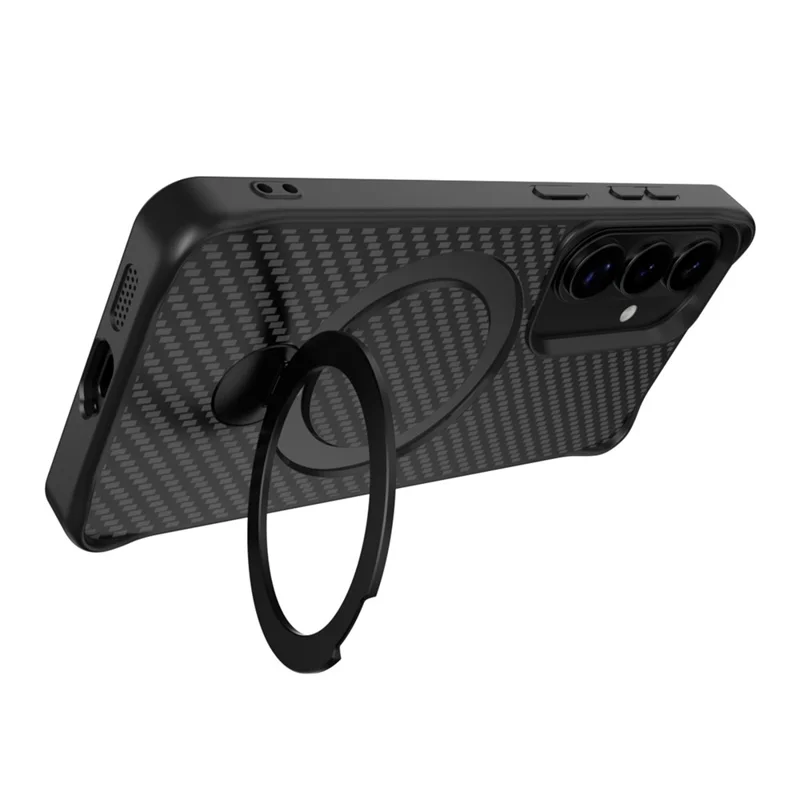 For Samsung Galaxy A55 5G Phone Case with Magnetic Kickstand TPU + PC Carbon Fiber Back Cover - Black