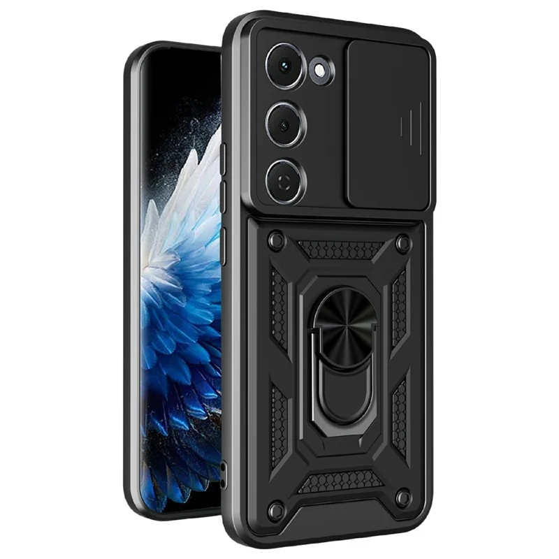 For TECNO Spark 40 Pro+ 4G Case with Slide Camera Lid PC + TPU Kickstand Phone Cover - Black