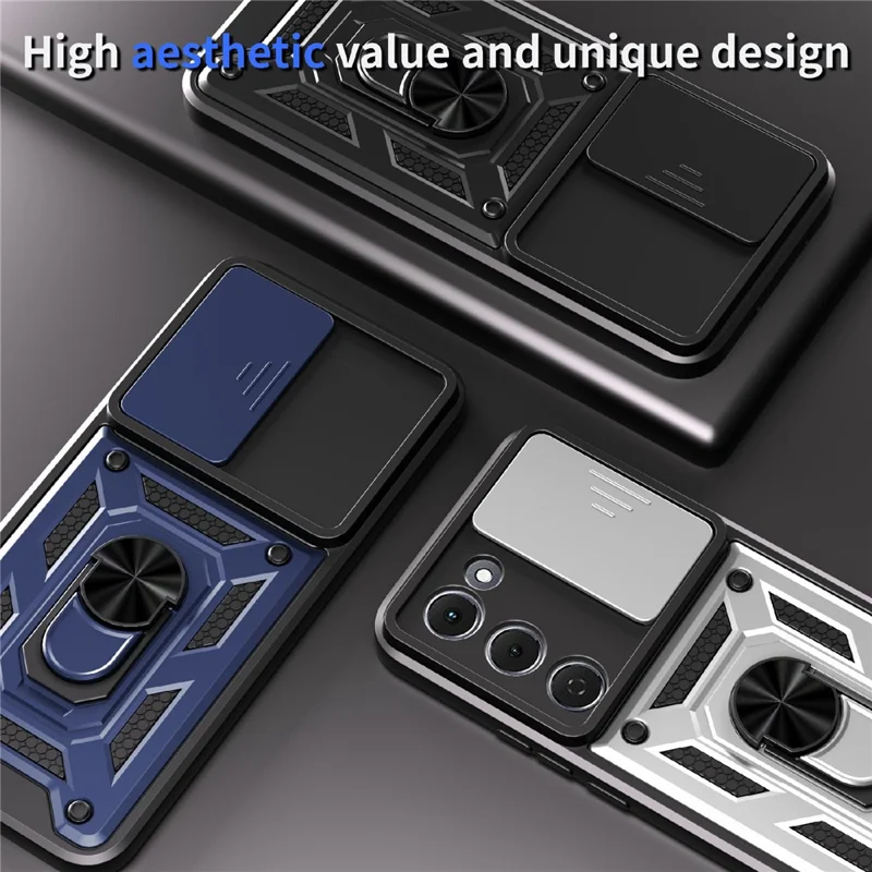 For TECNO Spark 40 Pro+ 4G Case with Slide Camera Lid PC + TPU Kickstand Phone Cover - Black