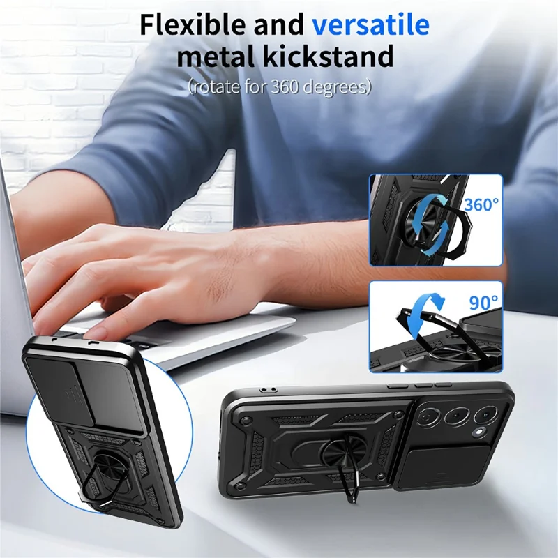 For TECNO Spark 40 Pro+ 4G Case with Slide Camera Lid PC + TPU Kickstand Phone Cover - Black