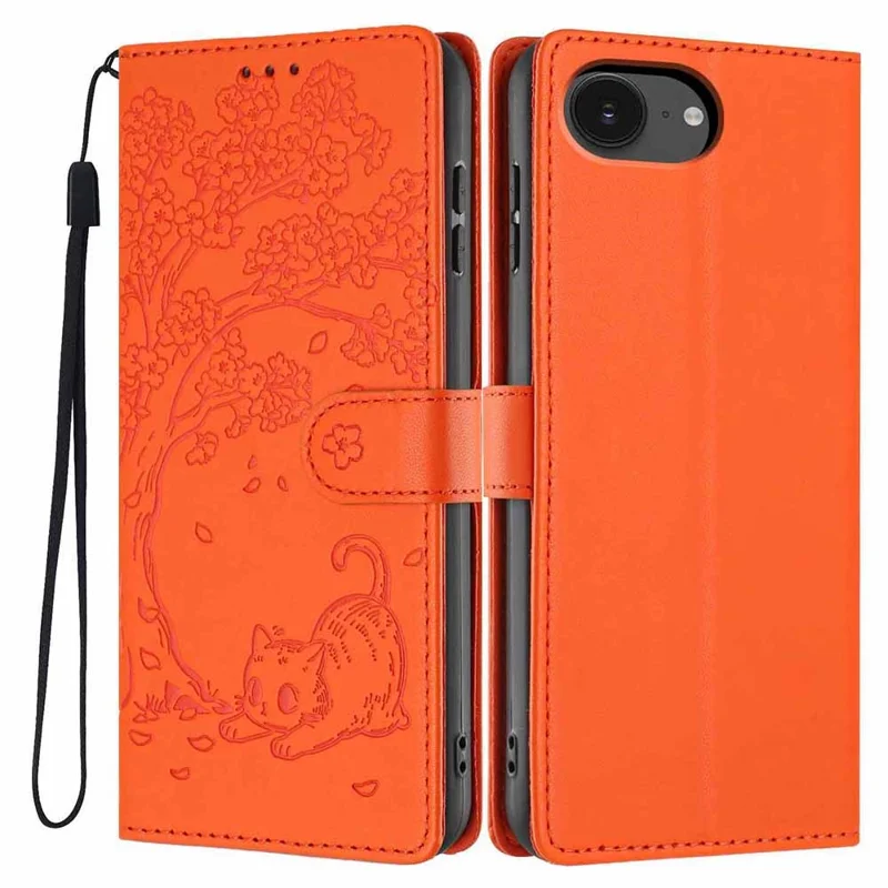 For iPhone 16e Stand Case Tree-and-Cat Pattern PU Leather Wallet Protective Phone Cover with Wrist Strap - Orange
