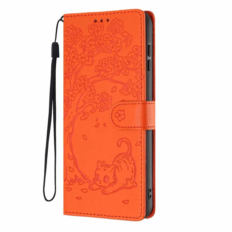 For iPhone 16e Stand Case Tree-and-Cat Pattern PU Leather Wallet Protective Phone Cover with Wrist Strap - Orange