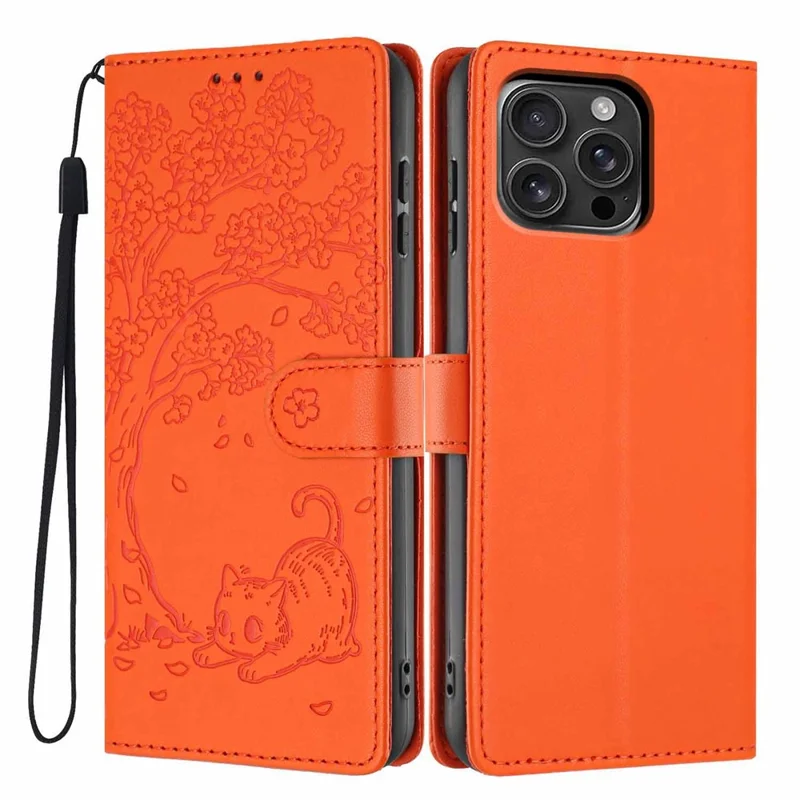 For iPhone 16 Pro Max Stand Case Tree-and-Cat Pattern PU Leather Wallet Protective Phone Cover with Wrist Strap - Orange