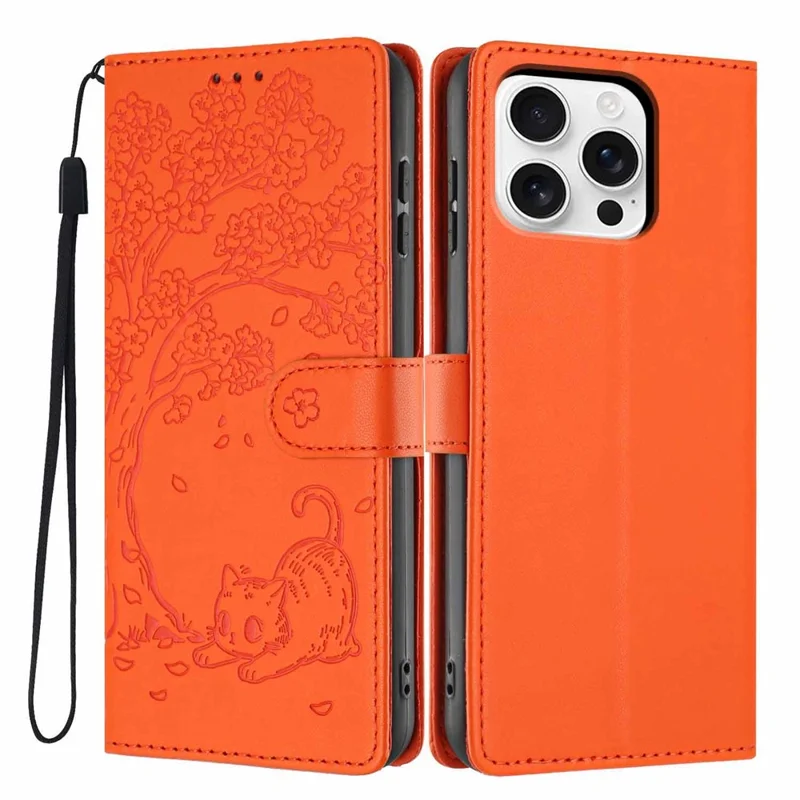 For iPhone 16 Pro Stand Case Tree-and-Cat Pattern PU Leather Wallet Protective Phone Cover with Wrist Strap - Orange