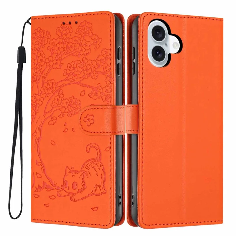 For iPhone 16 Plus Stand Case Tree-and-Cat Pattern PU Leather Wallet Protective Phone Cover with Wrist Strap - Orange