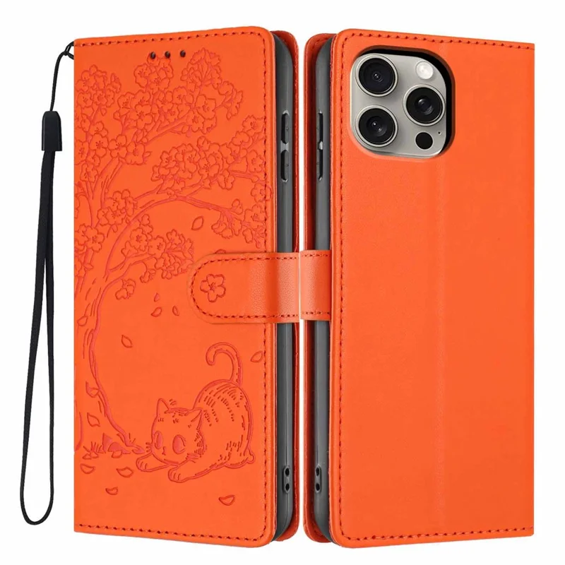 For iPhone 15 Pro Stand Case Tree-and-Cat Pattern PU Leather Wallet Protective Phone Cover with Wrist Strap - Orange