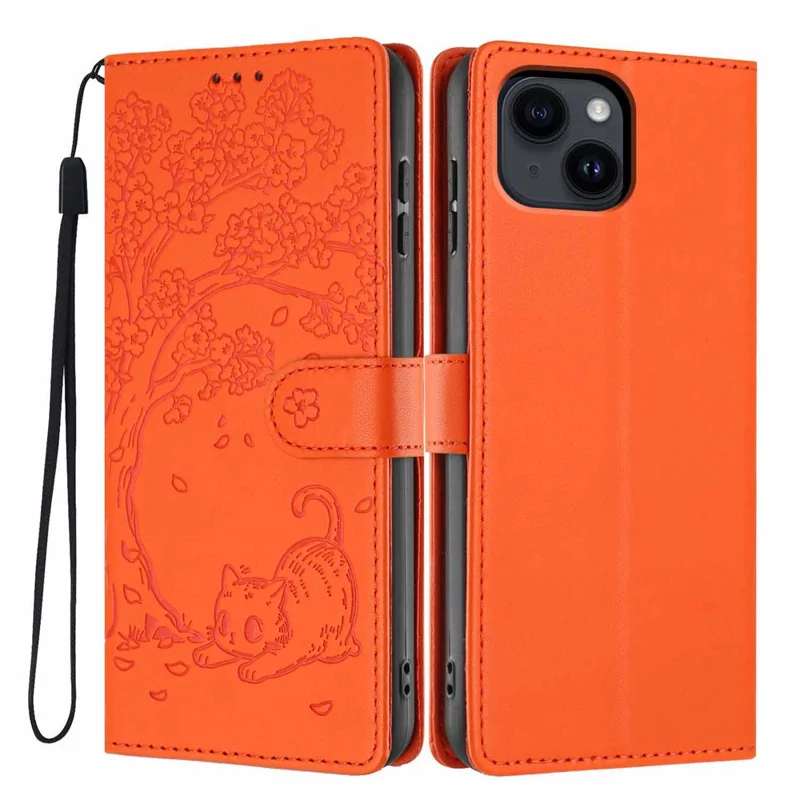 For iPhone 15 Stand Case Tree-and-Cat Pattern PU Leather Wallet Protective Phone Cover with Wrist Strap - Orange