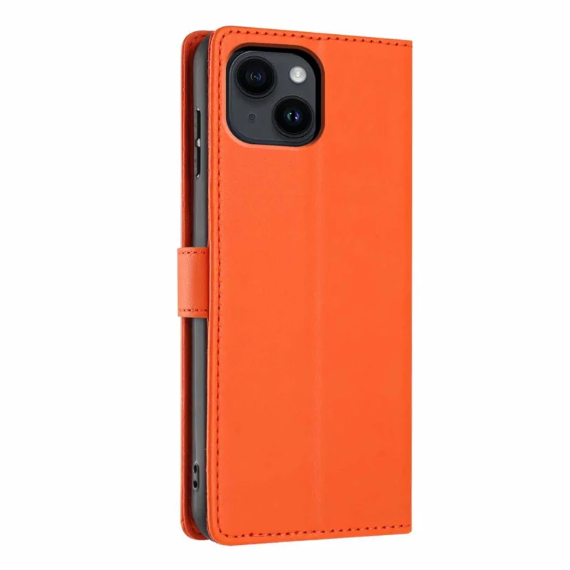 For iPhone 15 Stand Case Tree-and-Cat Pattern PU Leather Wallet Protective Phone Cover with Wrist Strap - Orange