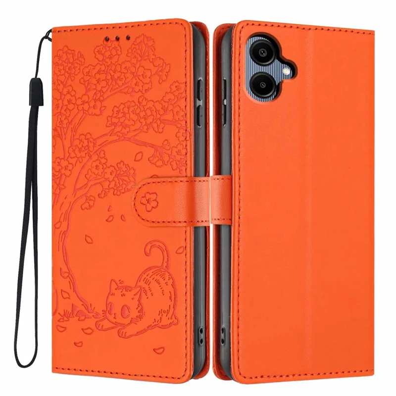For Samsung Galaxy A06 4G Stand Case Tree-and-Cat Pattern PU Leather Wallet Protective Phone Cover with Wrist Strap - Orange