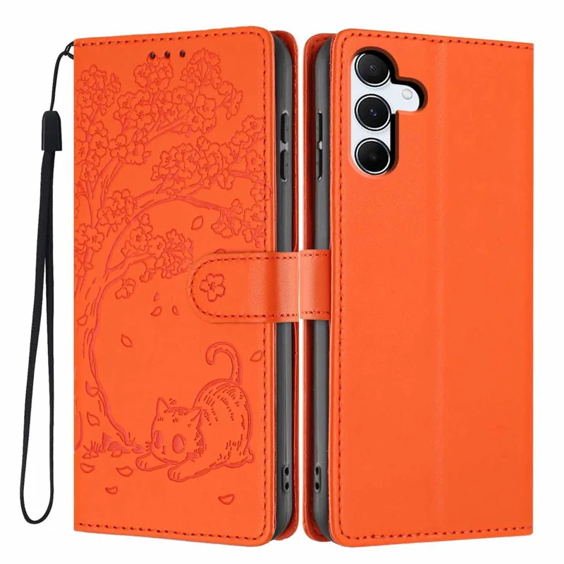 For Samsung Galaxy A55 5G Stand Case Tree-and-Cat Pattern PU Leather Wallet Protective Phone Cover with Wrist Strap - Orange
