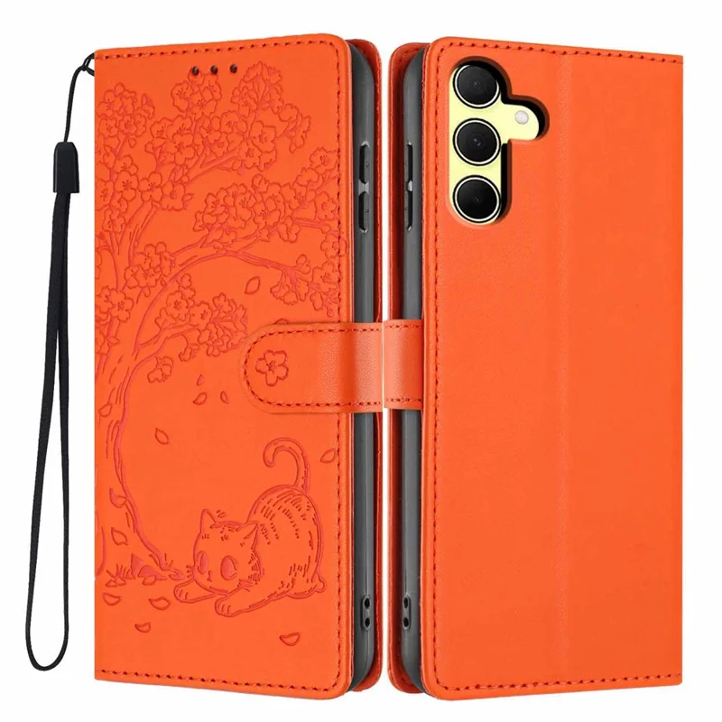 For Samsung Galaxy A35 5G Stand Case Tree-and-Cat Pattern PU Leather Wallet Protective Phone Cover with Wrist Strap - Orange