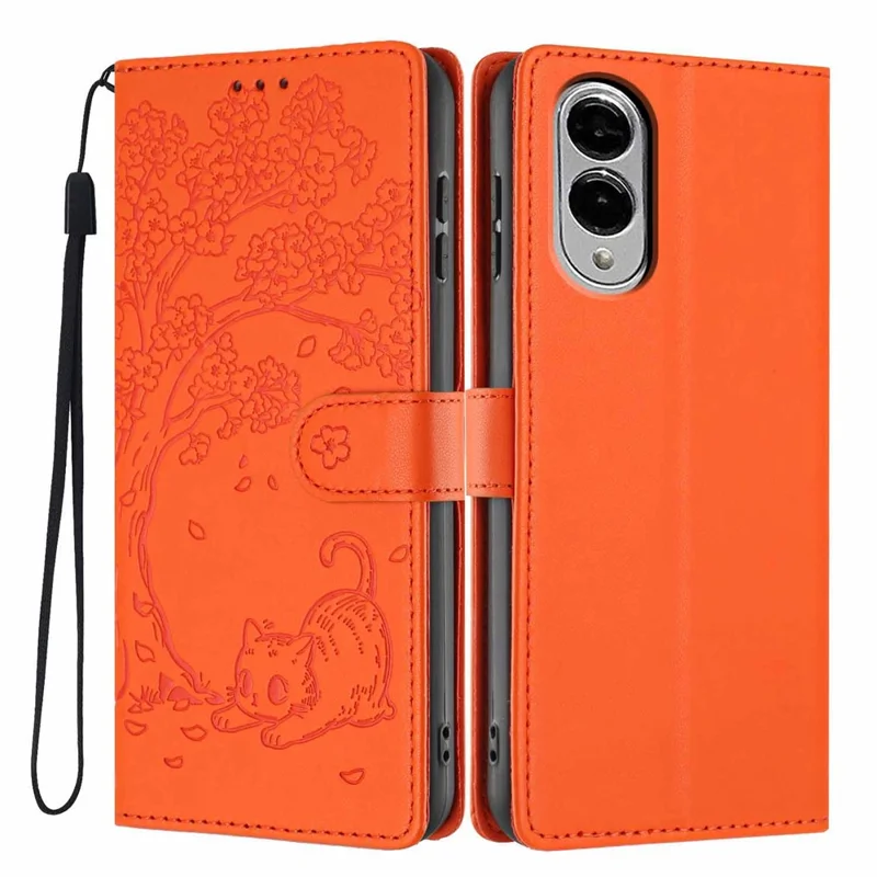 For Samsung Galaxy S25 Edge Stand Case Tree-and-Cat Pattern PU Leather Wallet Protective Phone Cover with Wrist Strap - Orange