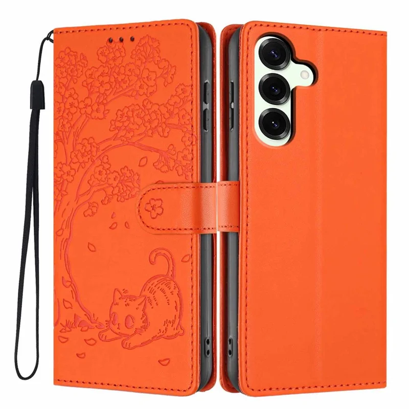 For Samsung Galaxy S24 FE Stand Case Tree-and-Cat Pattern PU Leather Wallet Protective Phone Cover with Wrist Strap - Orange
