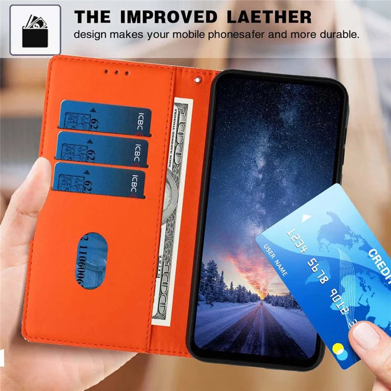 For Samsung Galaxy S24 Ultra Stand Case Tree-and-Cat Pattern PU Leather Wallet Protective Phone Cover with Wrist Strap - Orange