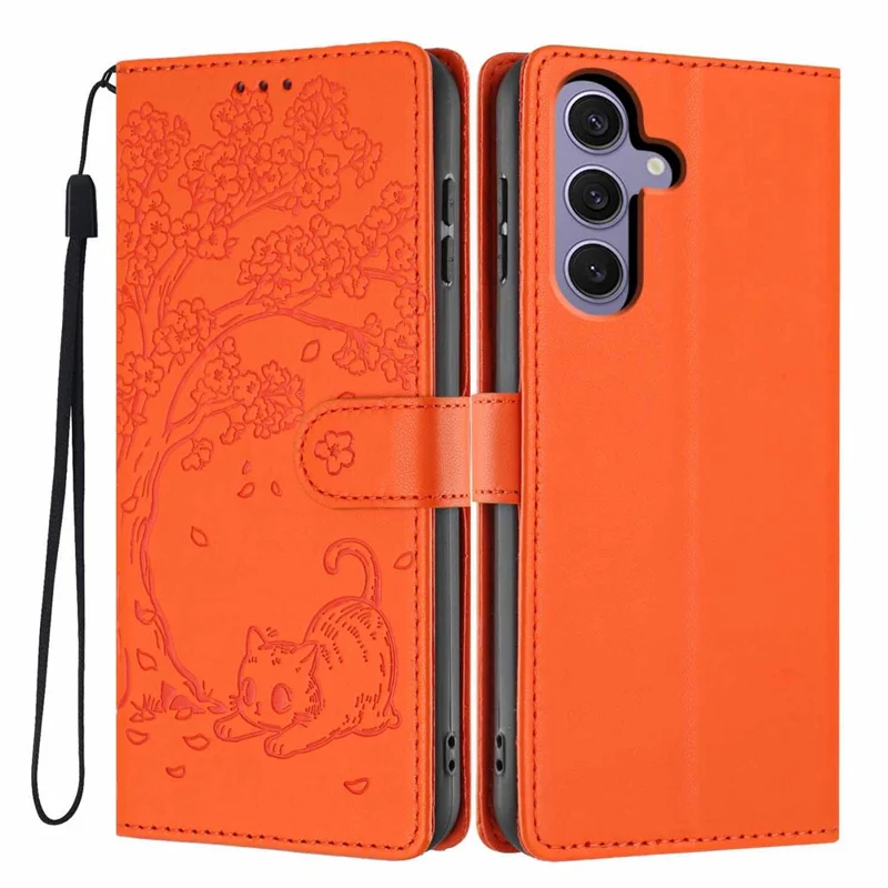 For Samsung Galaxy S24+ Stand Case Tree-and-Cat Pattern PU Leather Wallet Protective Phone Cover with Wrist Strap - Orange