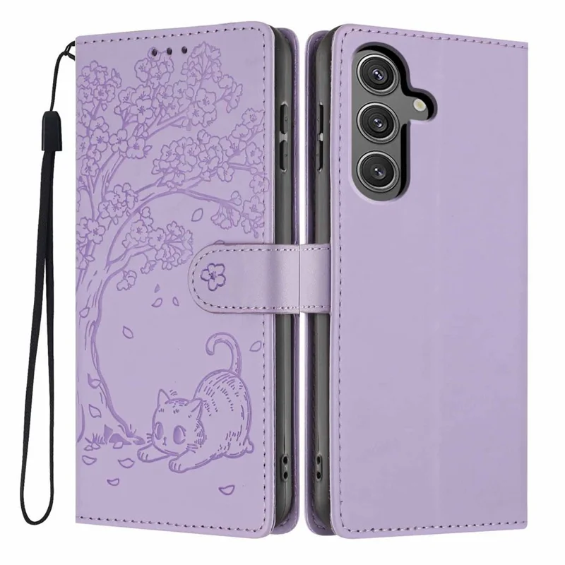 For Samsung Galaxy S24 Stand Case Tree-and-Cat Pattern PU Leather Wallet Protective Phone Cover with Wrist Strap - Purple