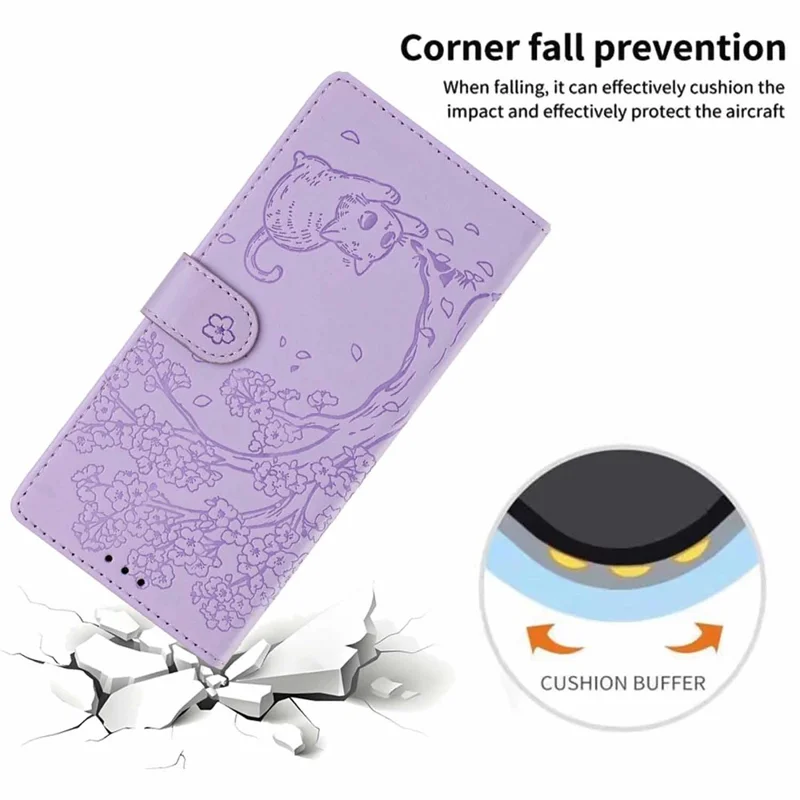 For Samsung Galaxy S24 Stand Case Tree-and-Cat Pattern PU Leather Wallet Protective Phone Cover with Wrist Strap - Purple