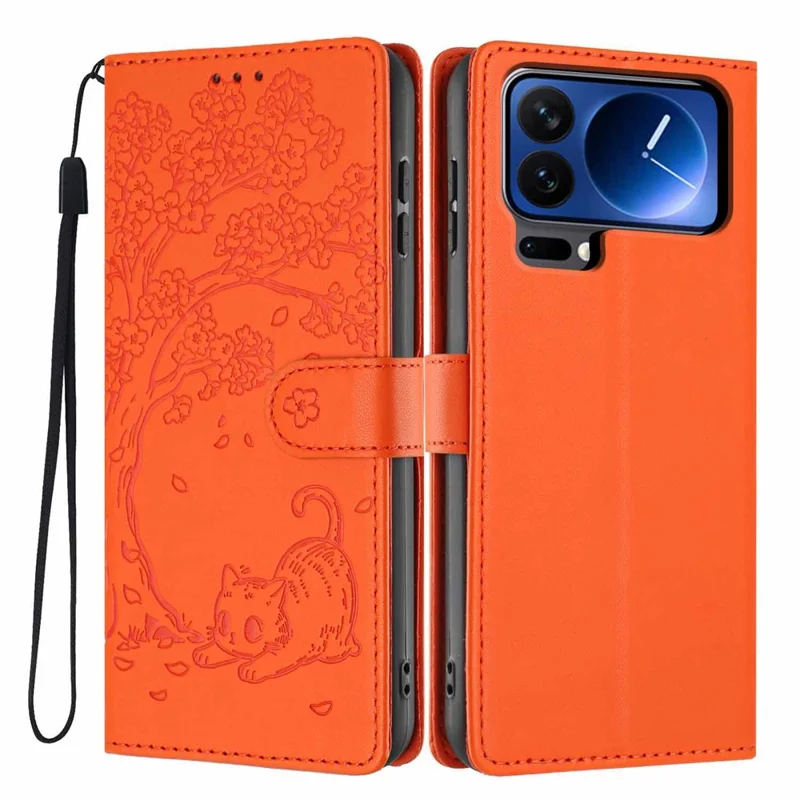 For Xiaomi 17 Pro Stand Case Tree-and-Cat Pattern PU Leather Wallet Protective Phone Cover with Wrist Strap - Orange