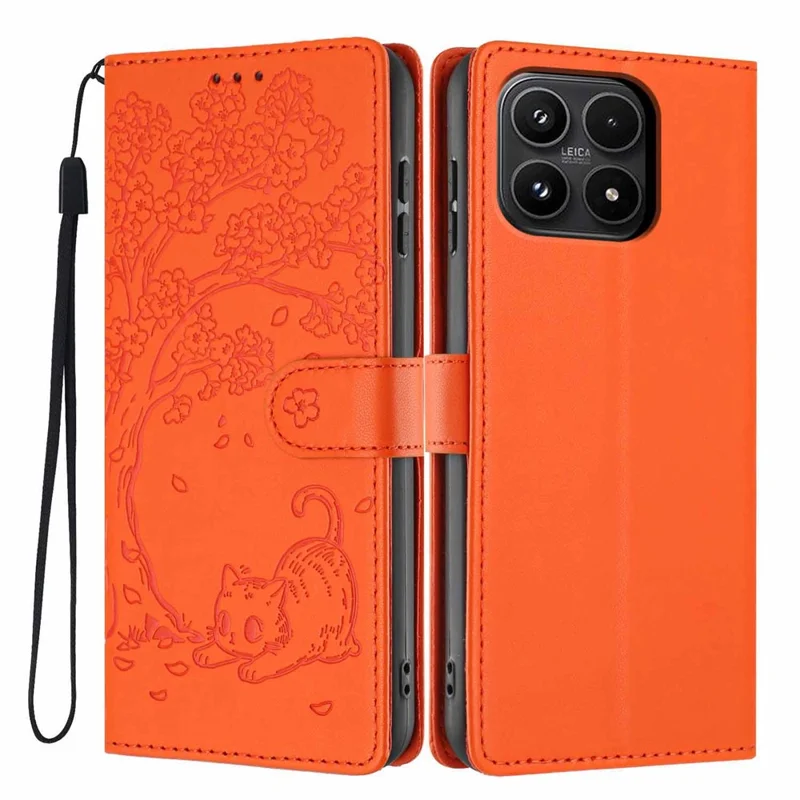 For Xiaomi 17 Stand Case Tree-and-Cat Pattern PU Leather Wallet Protective Phone Cover with Wrist Strap - Orange