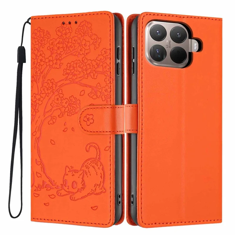 For Xiaomi 15T Pro Stand Case Tree-and-Cat Pattern PU Leather Wallet Protective Phone Cover with Wrist Strap - Orange