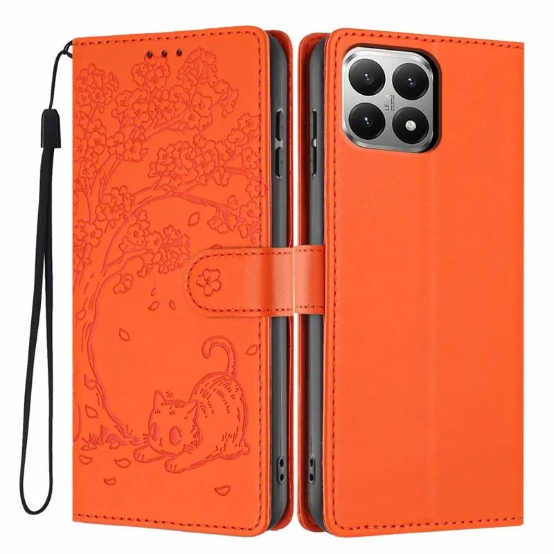 For Xiaomi 15T Stand Case Tree-and-Cat Pattern PU Leather Wallet Protective Phone Cover with Wrist Strap - Orange