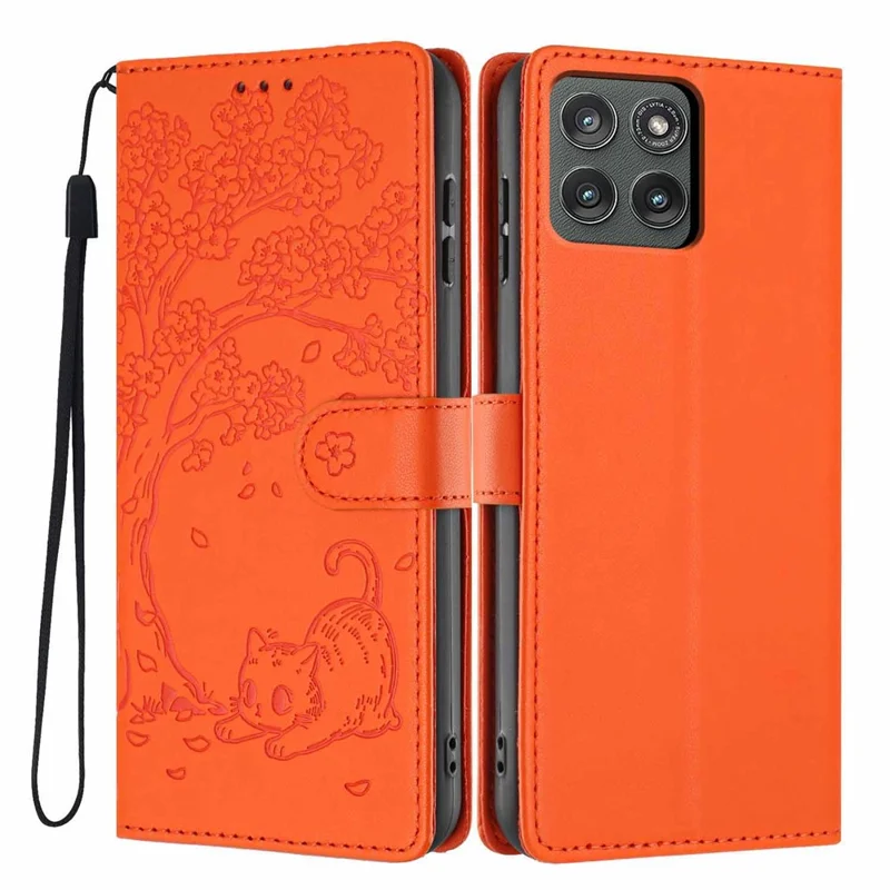 For Motorola Edge (2025) 5G Stand Case Tree-and-Cat Pattern PU Leather Wallet Protective Phone Cover with Wrist Strap - Orange