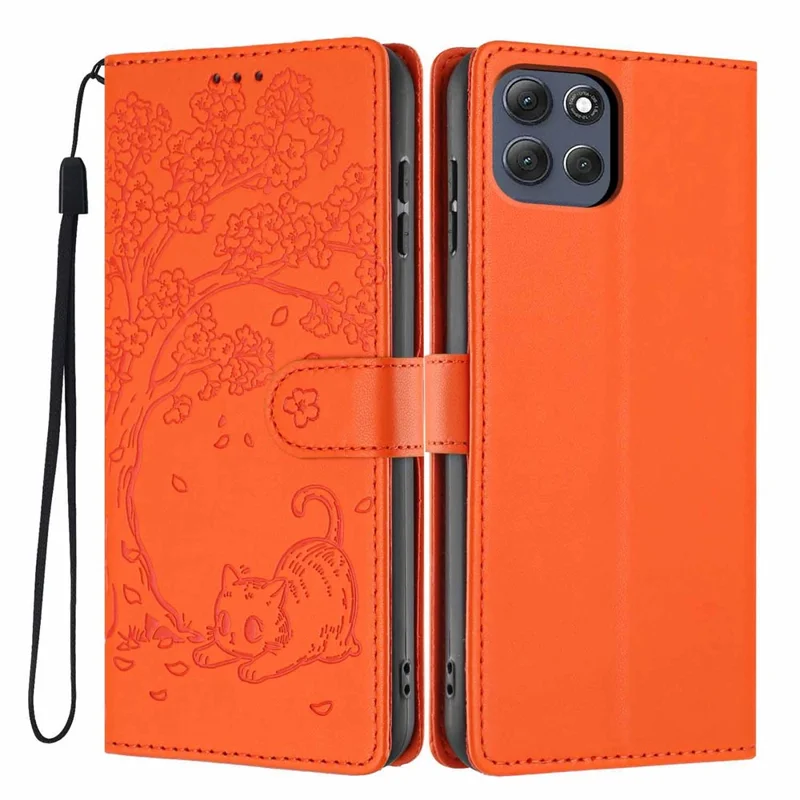 For Motorola Moto G86 Power 5G Stand Case Tree-and-Cat Pattern PU Leather Wallet Protective Phone Cover with Wrist Strap - Orange