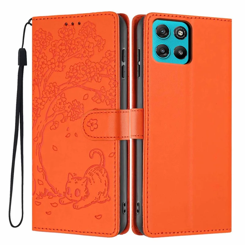 Til Motorola Moto G67 Power 5G / G57 Power 5G standtaske med træ-og-kat-mønster PU-lædertaske med pennefunktion og håndledsrem - Orange