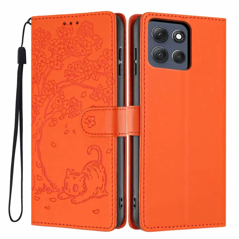 For Motorola Moto G86 5G Stand Case Tree-and-Cat Pattern PU Leather Wallet Protective Phone Cover with Wrist Strap - Orange