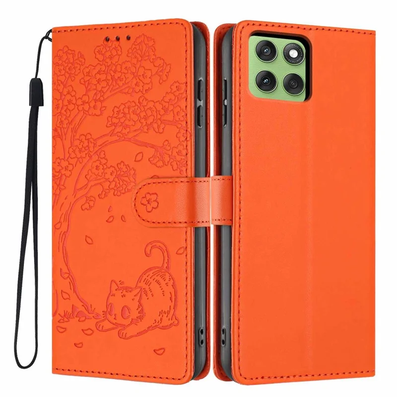For Motorola Edge 60 5G / 60 Fusion 5G Stand Case Tree-and-Cat Pattern PU Leather Wallet Protective Phone Cover with Wrist Strap - Orange