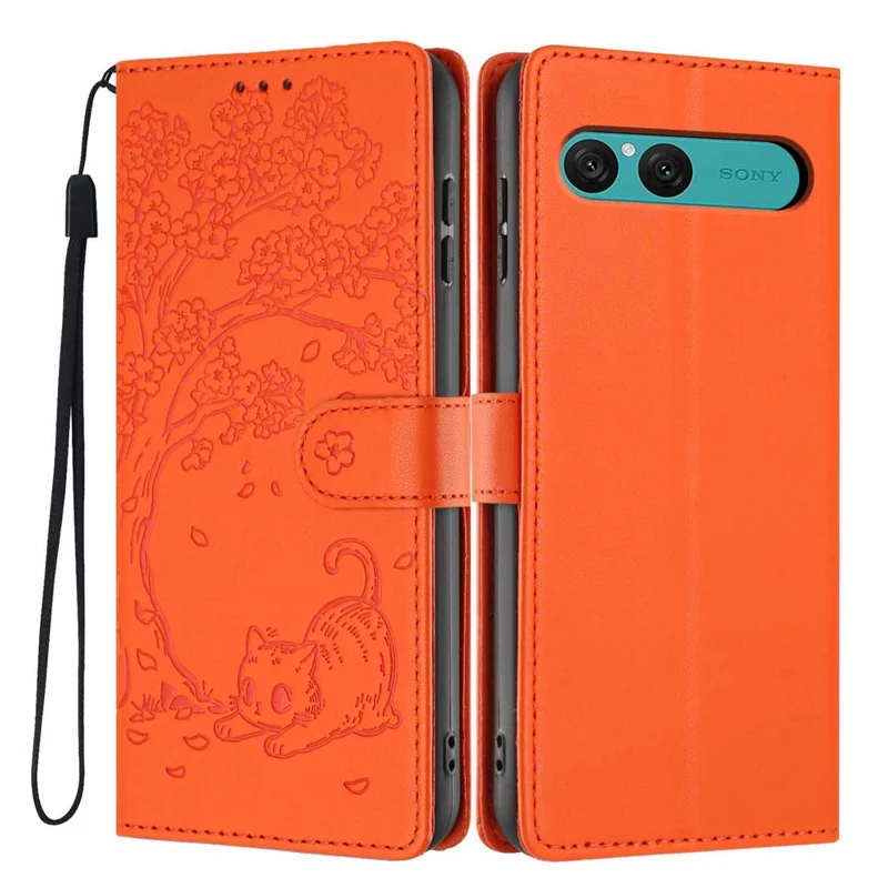 For Sony Xperia 10 VII Stand Case Tree-and-Cat Pattern PU Leather Wallet Protective Phone Cover with Wrist Strap - Orange