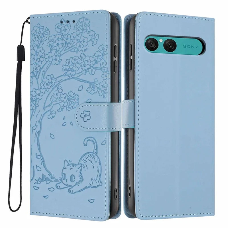 Cover con supporto per Sony Xperia 10 VII, custodia portafoglio in ecopelle con motivo albero e gatto, protezione con tracolla - Blu cielo