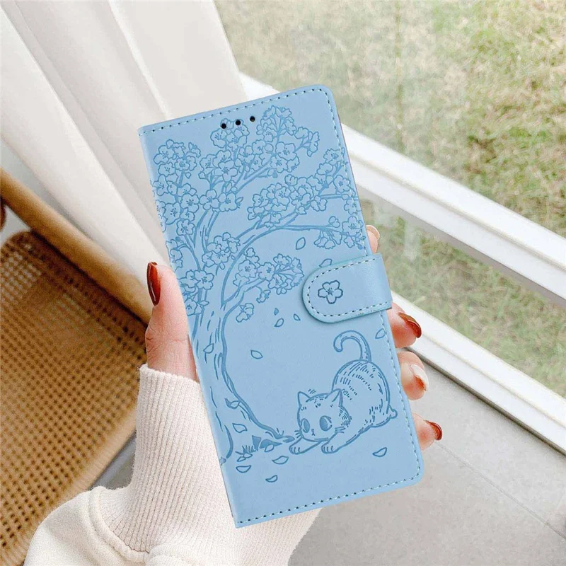 Cover con supporto per Sony Xperia 10 VII, custodia portafoglio in ecopelle con motivo albero e gatto, protezione con tracolla - Blu cielo