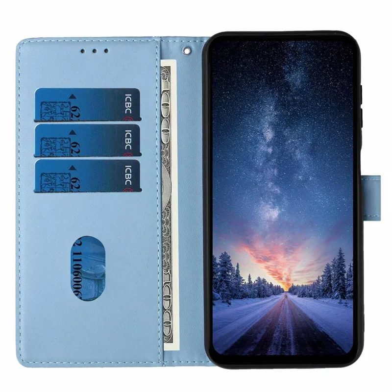Cover con supporto per Sony Xperia 10 VII, custodia portafoglio in ecopelle con motivo albero e gatto, protezione con tracolla - Blu cielo