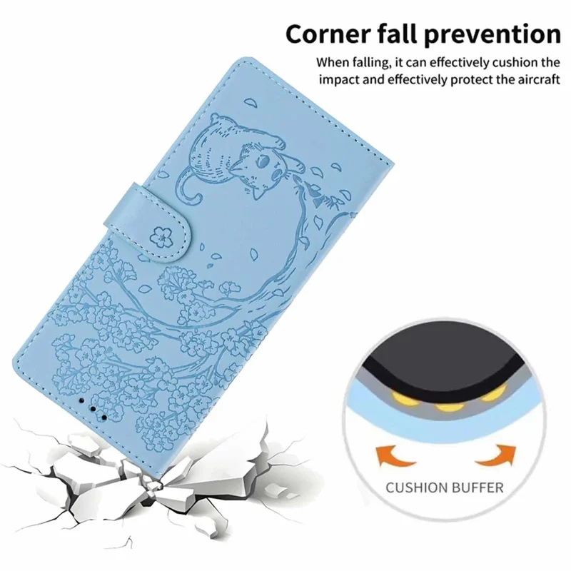 Cover con supporto per Sony Xperia 10 VII, custodia portafoglio in ecopelle con motivo albero e gatto, protezione con tracolla - Blu cielo