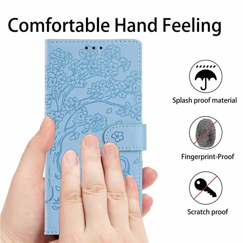 Cover con supporto per Sony Xperia 10 VII, custodia portafoglio in ecopelle con motivo albero e gatto, protezione con tracolla - Blu cielo