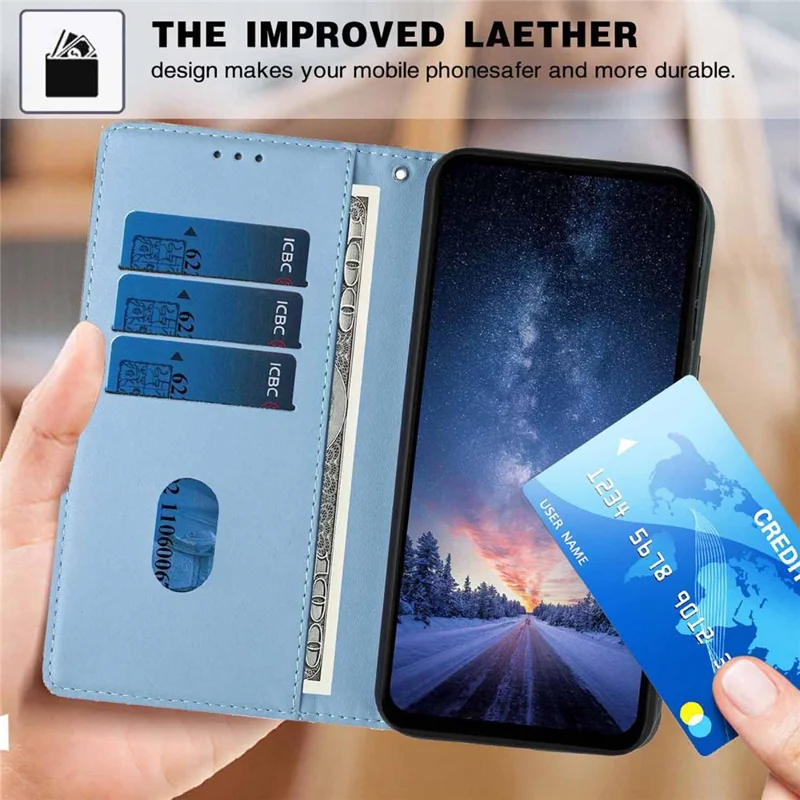 Cover con supporto per Sony Xperia 10 VII, custodia portafoglio in ecopelle con motivo albero e gatto, protezione con tracolla - Blu cielo