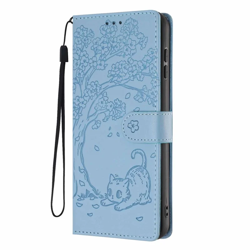Cover con supporto per Sony Xperia 10 VII, custodia portafoglio in ecopelle con motivo albero e gatto, protezione con tracolla - Blu cielo