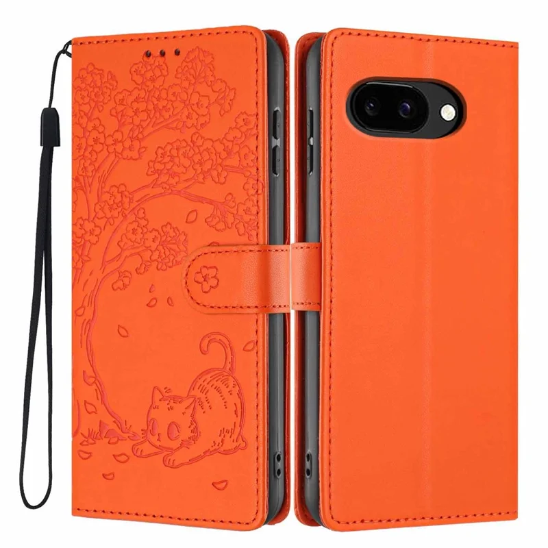 For Google Pixel 9a Stand Case Tree-and-Cat Pattern PU Leather Wallet Protective Phone Cover with Wrist Strap - Orange