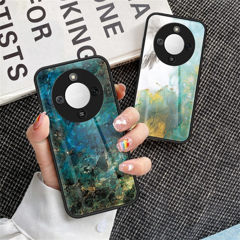Phone Case For Honor Magic8 Lite 5G  /  X9d 5G  /  X70 5G Marble Pattern Tempered Glass + PC + TPU Protective Phone Cover - White Marble
