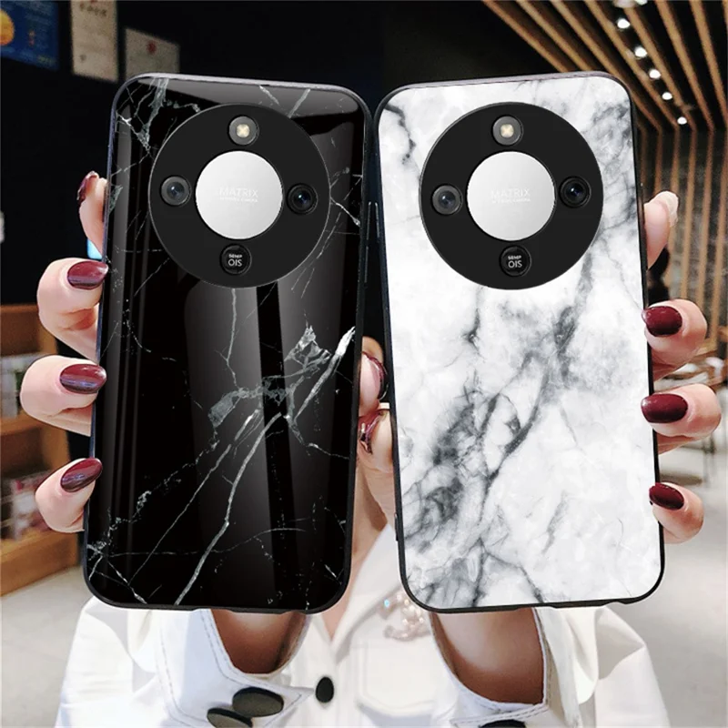 Phone Case For Honor Magic8 Lite 5G  /  X9d 5G  /  X70 5G Marble Pattern Tempered Glass + PC + TPU Protective Phone Cover - White Marble