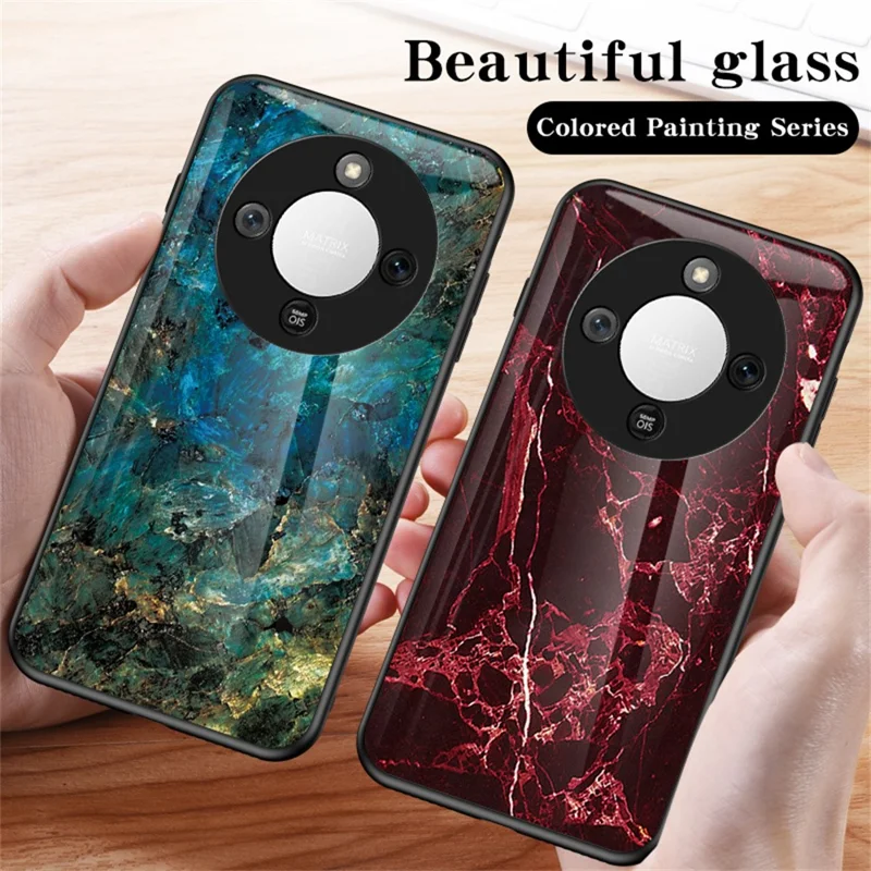Phone Case For Honor Magic8 Lite 5G  /  X9d 5G  /  X70 5G Marble Pattern Tempered Glass + PC + TPU Protective Phone Cover - White Marble